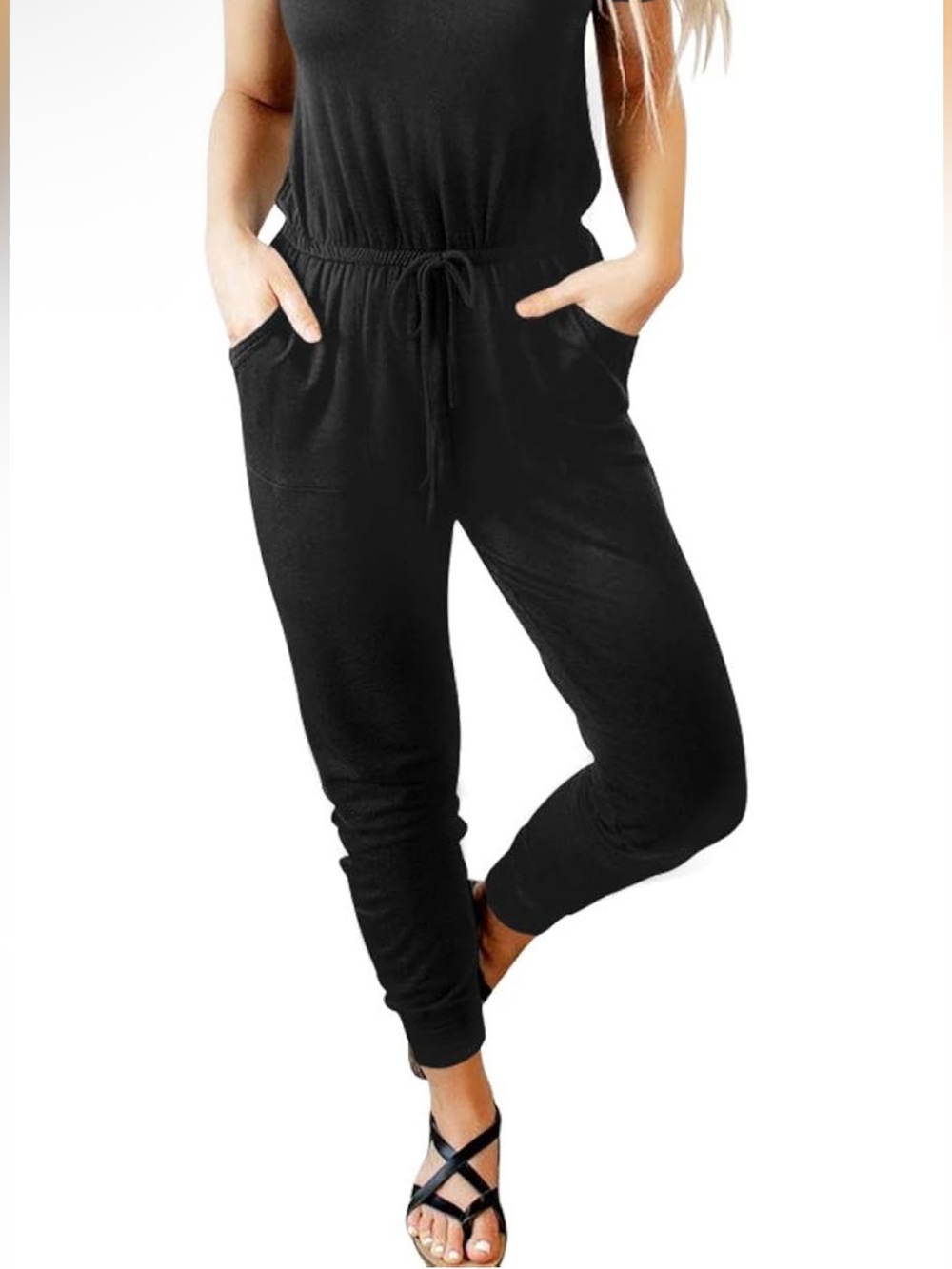 ANRABESS Short-Sleeve Jumpsuit with Elastic Waist and pockets.